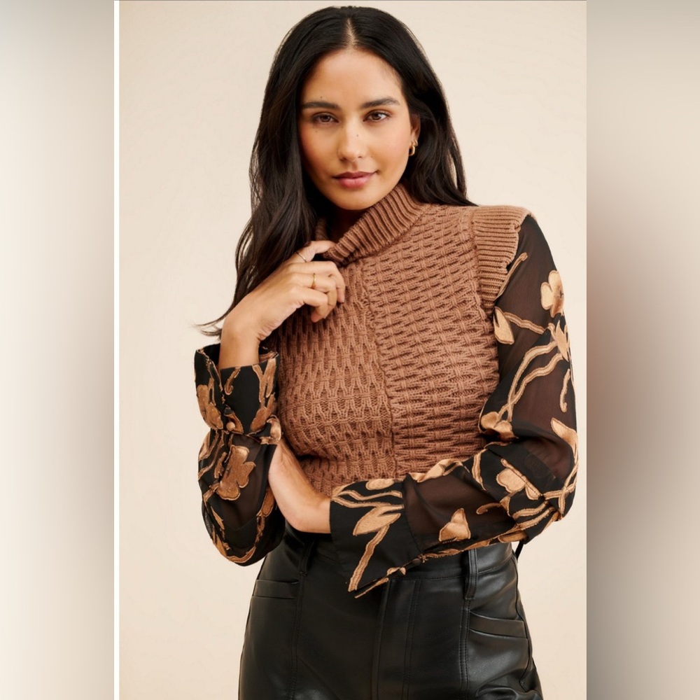 Anthropologie Current Air floral turtleneck cable knit Brown Cowl gold Sweater